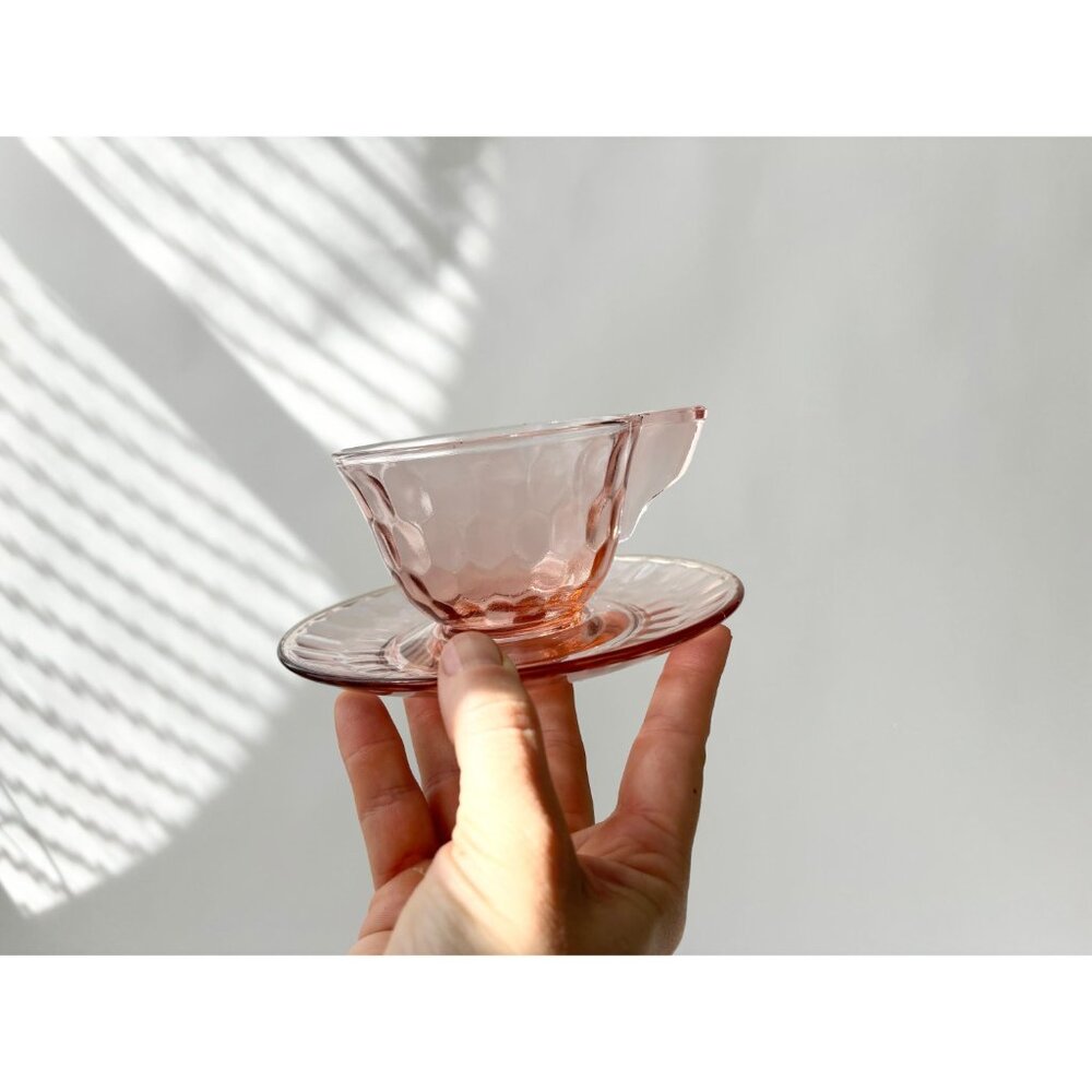 Pink Jeannette Depression Glass Vintage Teacup Saucer Glass Set Optic Thumbprint - Picture 4 of 10